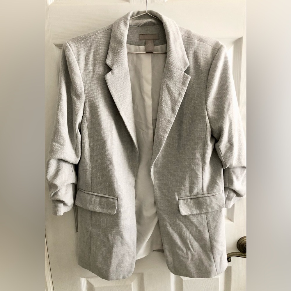 Light Gray Textured Women’s Blazer - Classic Tailored Jacket Gathered Sleeves